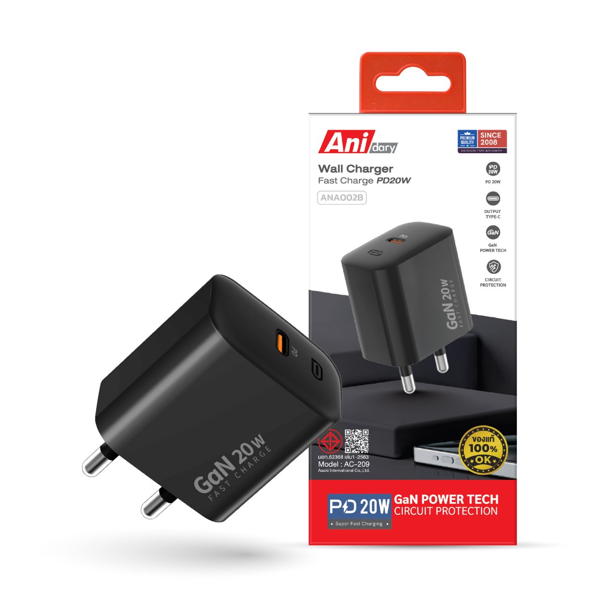 ANA002B : Charger Type-C fast charger PD20W - Black