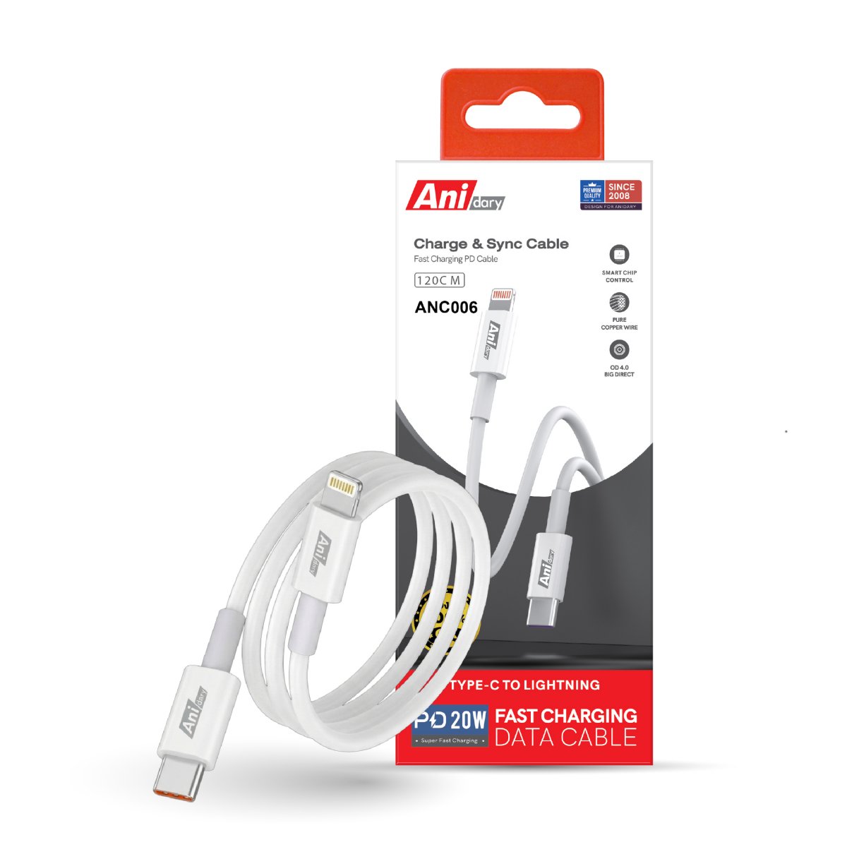 ANC006 : USB-C to Lightning Fast charge 3A/20W (TPE) - White