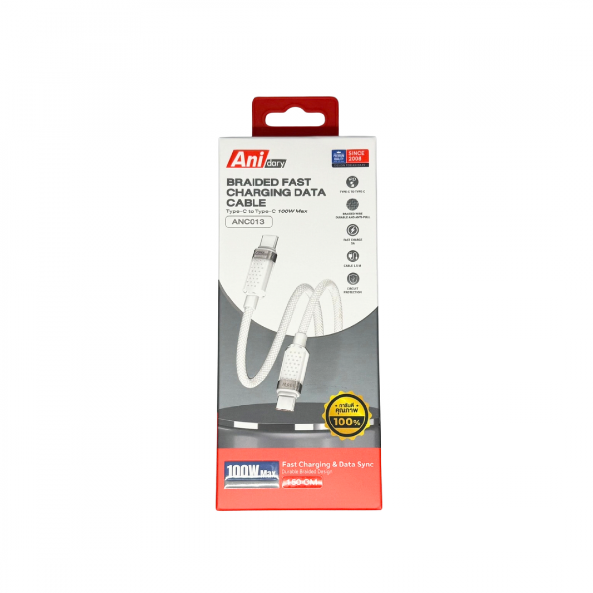 ANC013 : สายชาร์จ Type-C to Type-C 100W 5A PD Fast Charge สายถัก Braided 1.5M รองรับ Data Sync