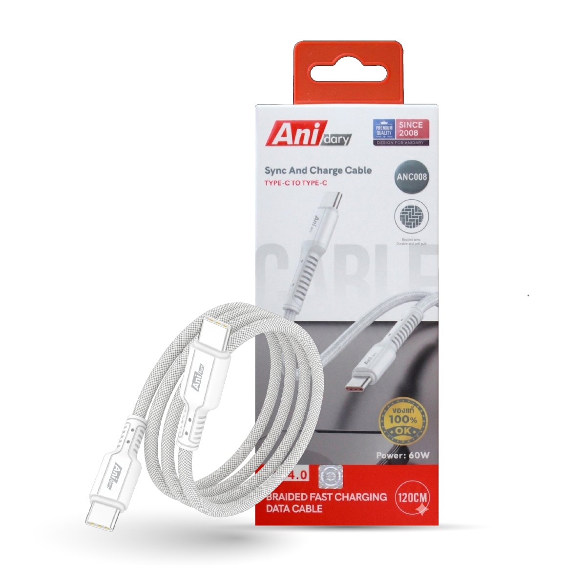 ANC008 : Type-C to Type-C Fast charge 3A/60W (Nylon) - White