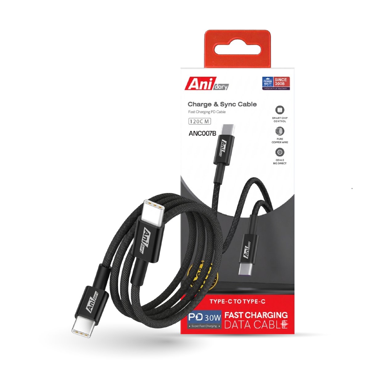 ANC007B : Type-C to Type-C Fast charge 3A/30W (Nylon) - Black