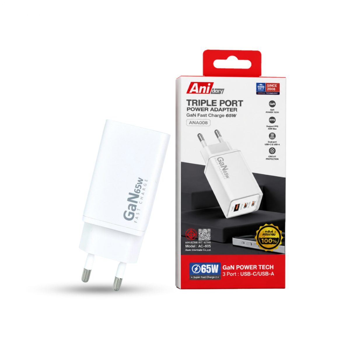 ANA008 : หัวชาร์จ 65W รุ่น AC-605 Fast Charge 3 พอร์ต USB-A + Type-C 2 ช่อง รองรับ PPS