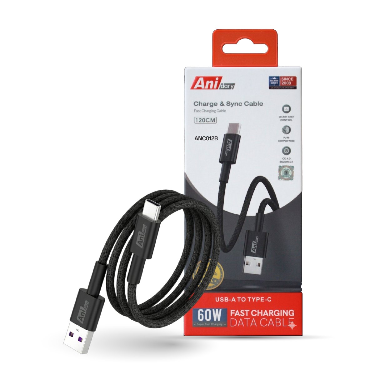 ANC012B : Fast charge 3A/60W (Nylon) - Black