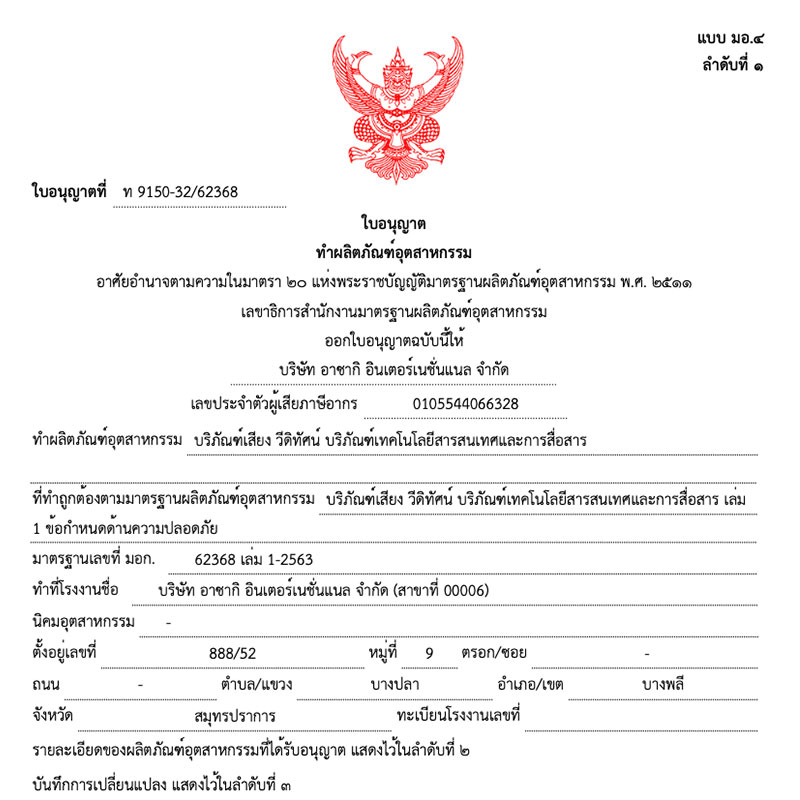 ใบอนุญาตผลิต Adapter มอก. ท 9150-32/62368