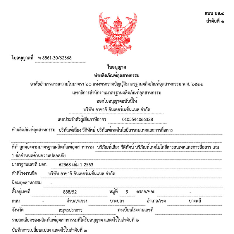 ใบอนุญาตผลิต Adapter มอก. ท 8861-30/62368