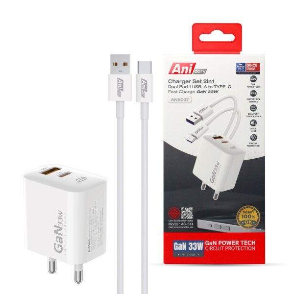 ANS007 : Charger Dual Port USB-A + Type C fast charger GaN33W / Cable USB-A to Type-C fast charger 3A/60W (TPE)