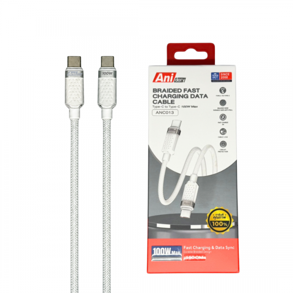 ANC013 : สายชาร์จ Type-C to Type-C 100W 5A PD Fast Charge สายถัก Braided 1.5M รองรับ Data Sync