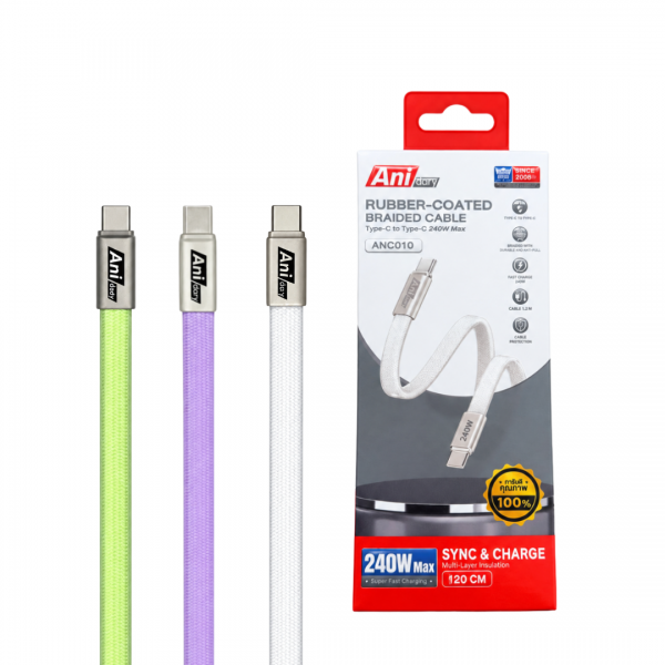 ANC010 : สายชาร์จ Type-C 240W 5A Fast Charge สายซิลิโคนใส Nylon ยาว 1.2M