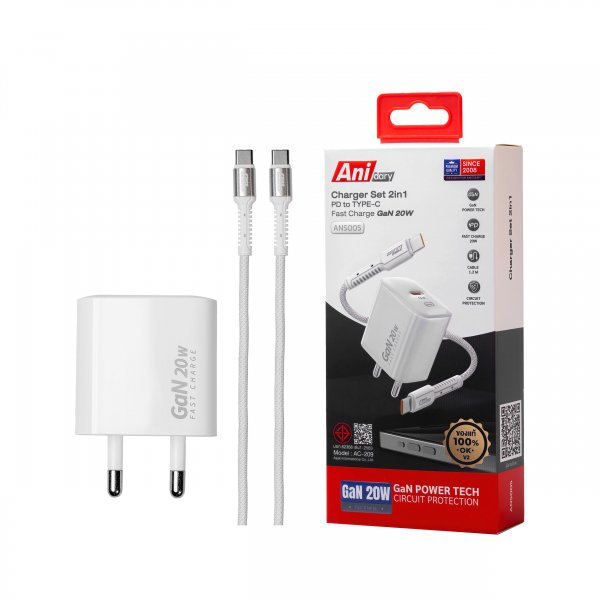 ANS005 : Charger Type-C fast charger PD20W + Cable Type-C to Type-C fast charger 3A/60W (Nylon)