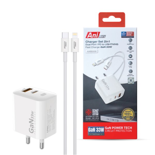 ANS008 : Charger Dual Port USB-A + Type C fast charger GaN33W / Cable Type-C to Lightning fast charger 3A/20W (TPE)